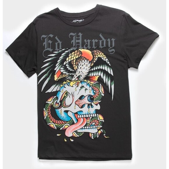 Ed Hardy NWT Mens T-shirt Gray Battle Skull Snake Eagle Tee Y2K size M, S - Picture 1 of 3